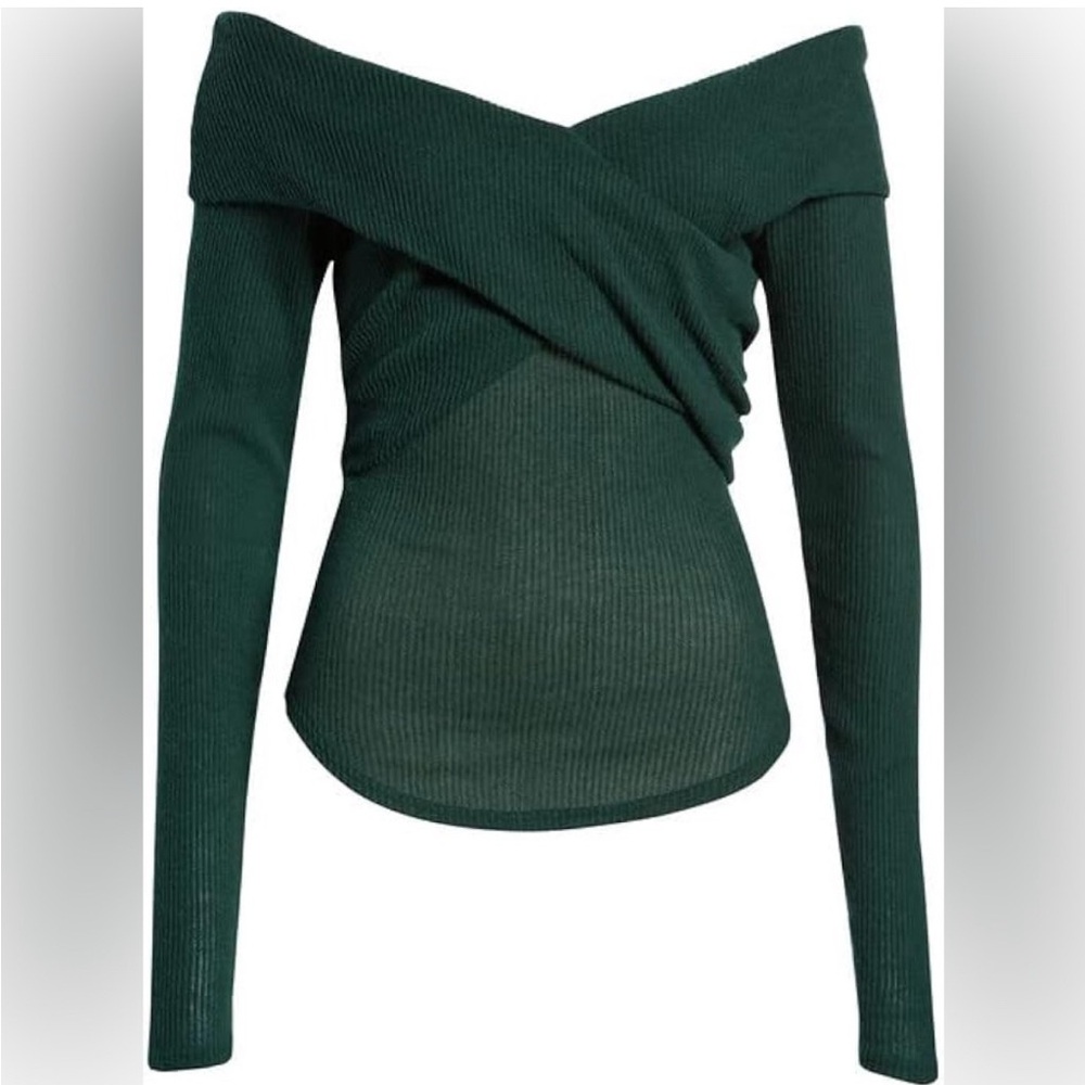 Off-Shoulder Ribbed Knit Sweater Top - Dark Green